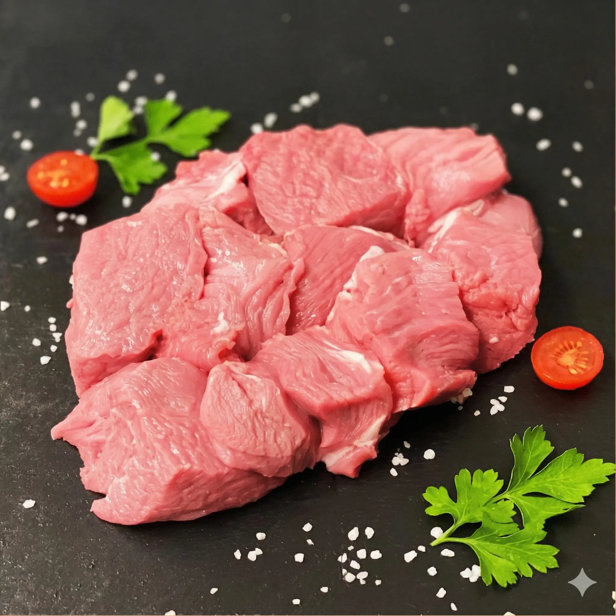 Halal Milk-Fed Veal Diced (Boneless) — Kebab Cut — Grill/Stew (Brochette de Veau / Blanquette de Veau) Halal Milk-Fed Veal Diced (Boneless) — Kebab Cut — Grill/Stew (Brochette de Veau / Blanquette de Veau)