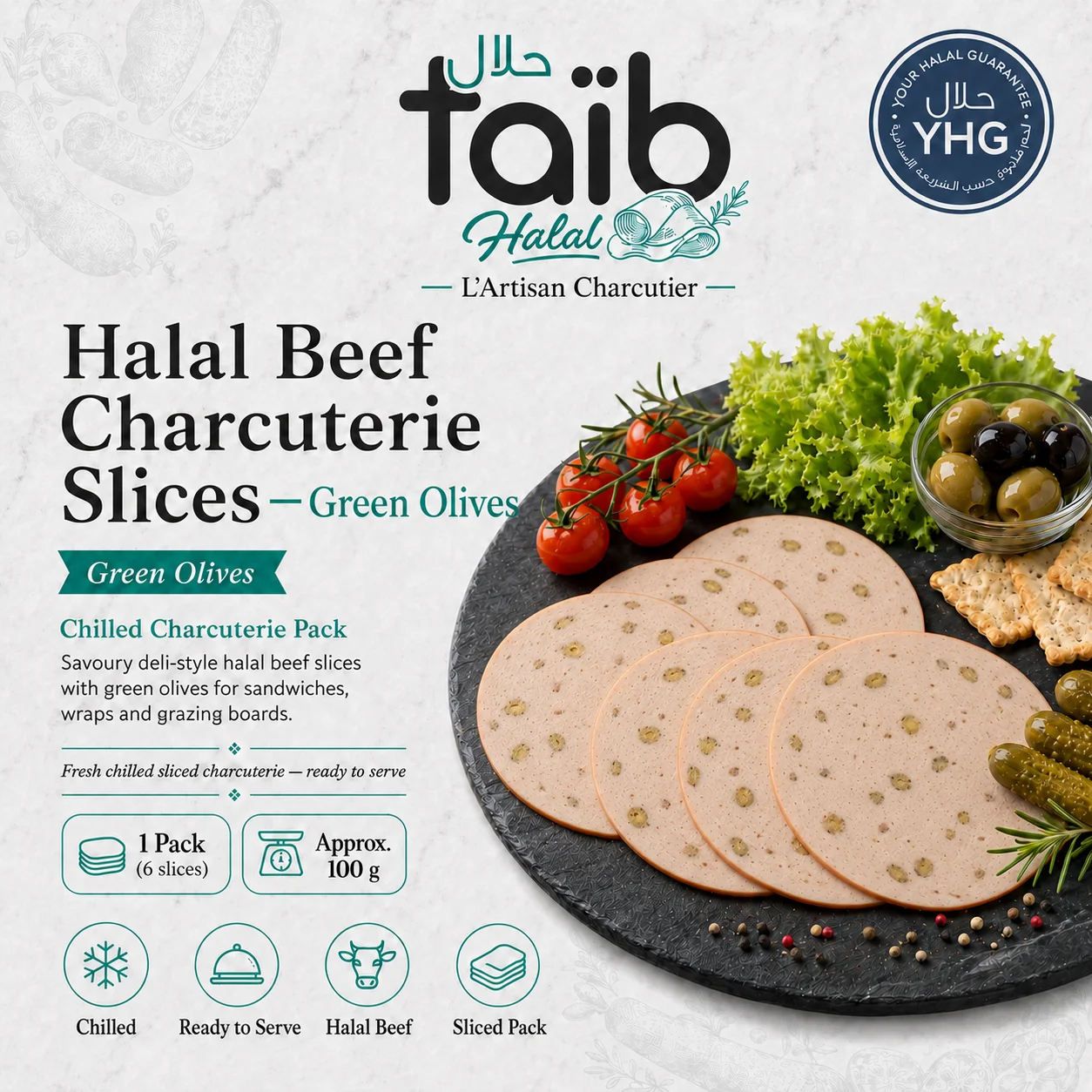 Halal Beef Charcuterie Slices with Green Olives Halal Beef Charcuterie Slices with Green Olives